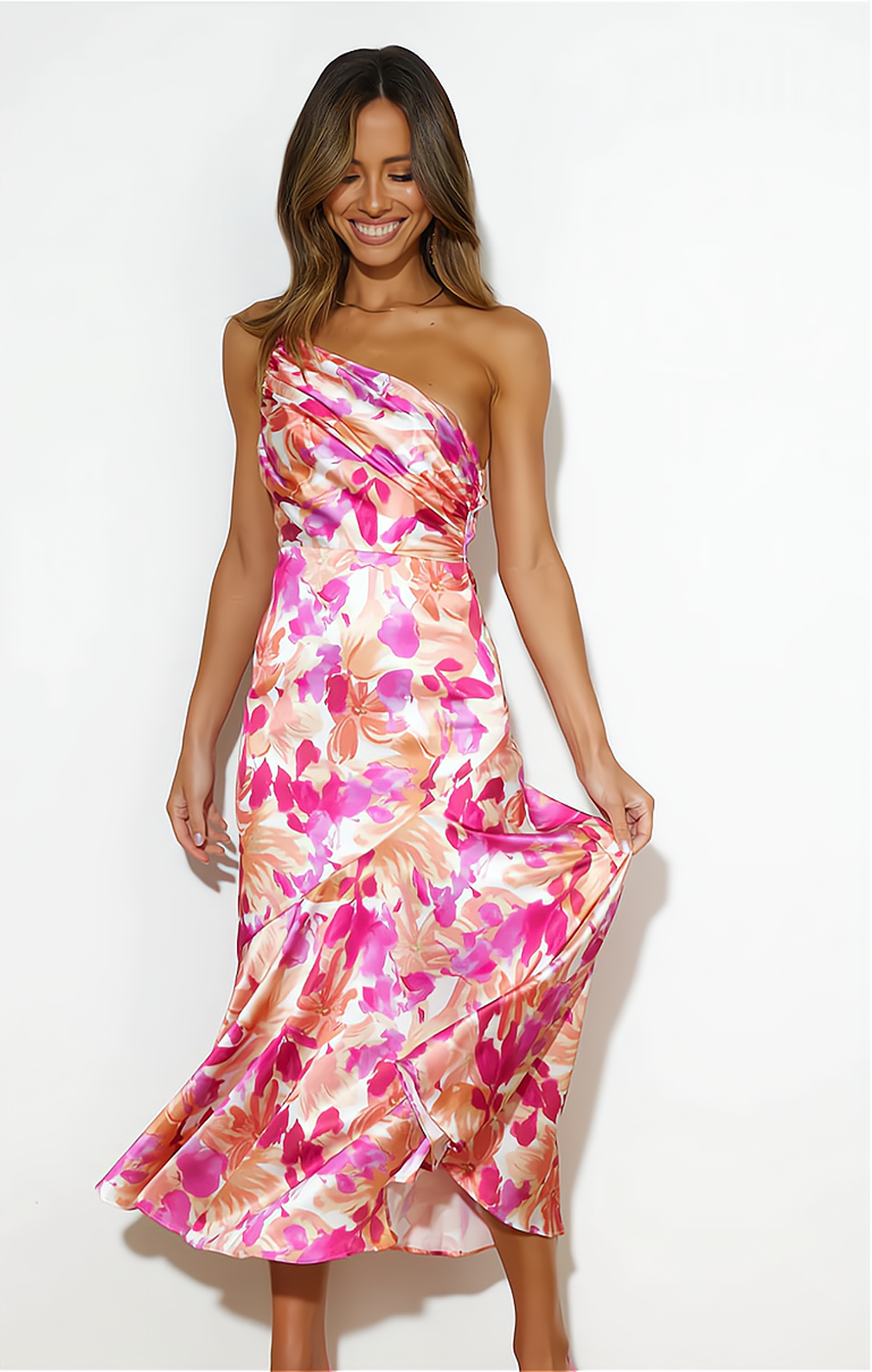 Floral Fantasy Dress - Schouder geplooide bloemenprint spaghetti jurk