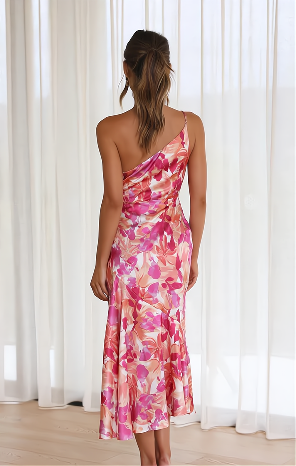 Floral Fantasy Dress - Schouder geplooide bloemenprint spaghetti jurk