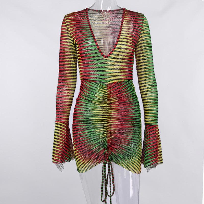 Doorzichtige veelkleurige jurk met uitlopende mouwen en V-hals