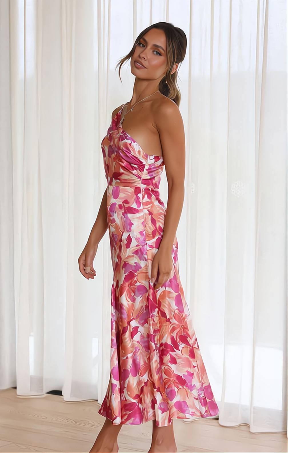Floral Fantasy Dress - Schouder geplooide bloemenprint spaghetti jurk