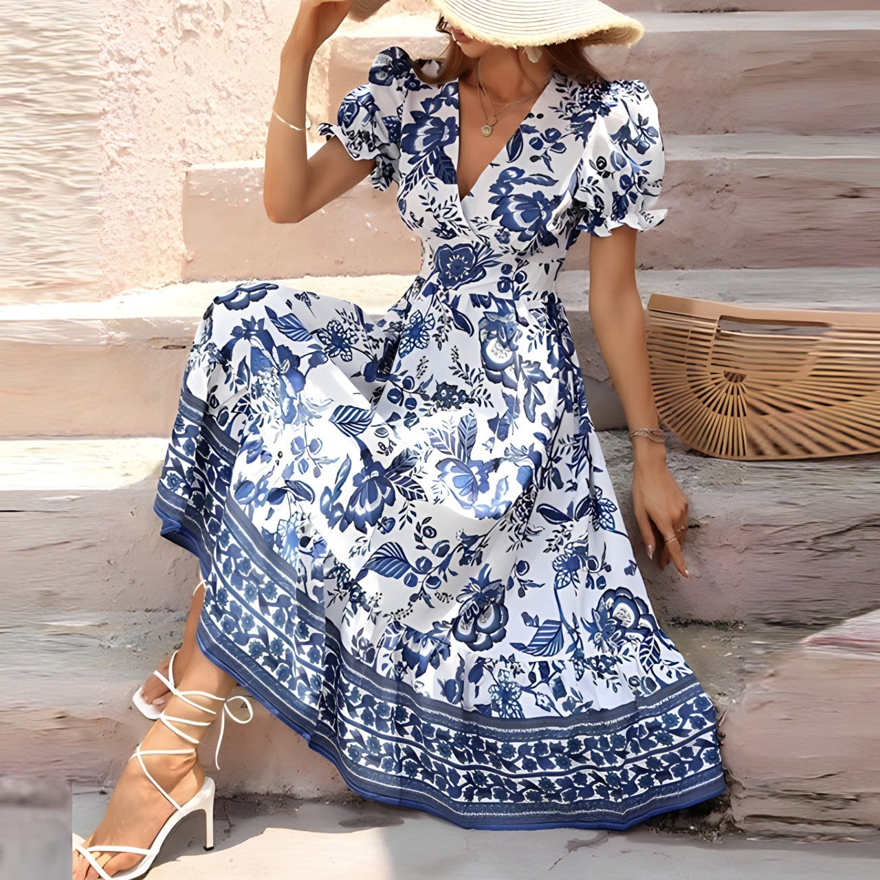 Désirée - Elegante V-hals Jurk met Bloemetjes