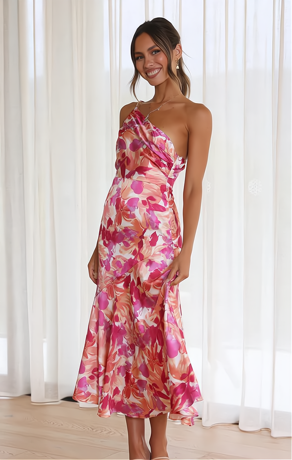 Floral Fantasy Dress - Schouder geplooide bloemenprint spaghetti jurk
